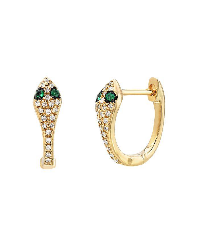 Zoe Lev 14K Yellow Gold Diamond & Emerald Snake Huggie Hoop Earrings