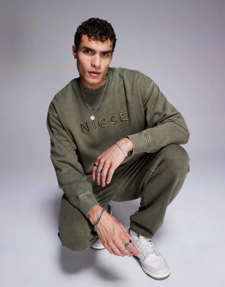 NICCE Nicce co-ord logo washed crew neck sweat in khaki 1
