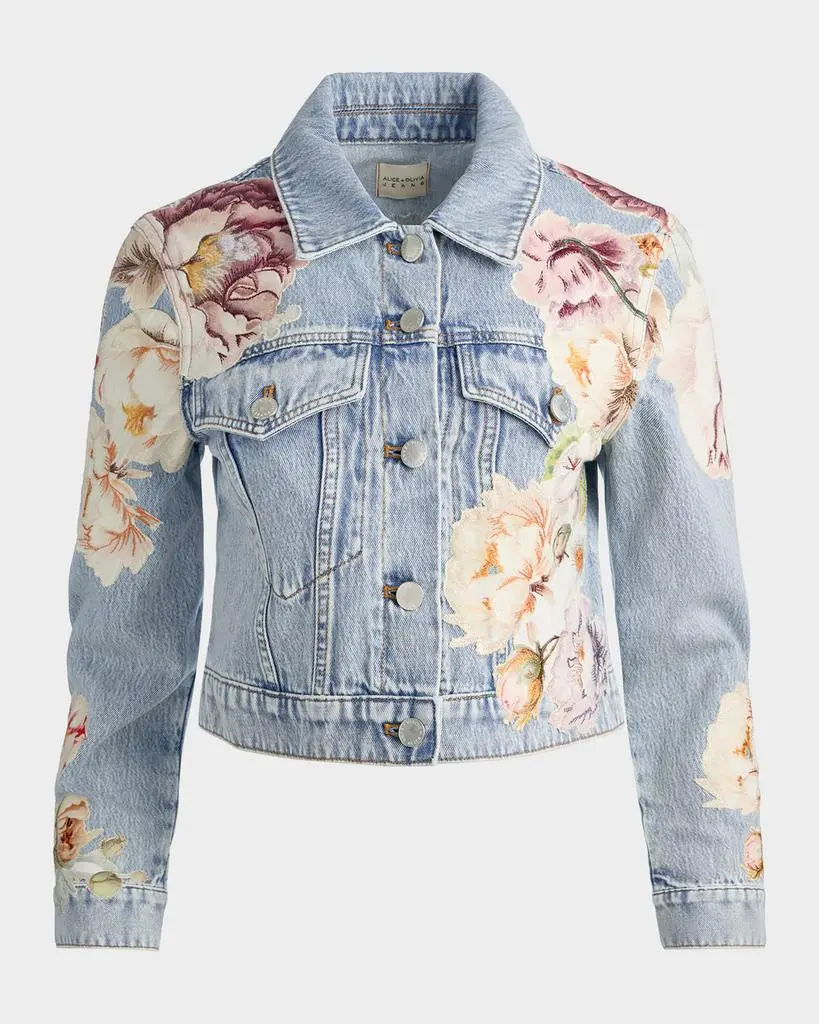 Alice + Olivia Chloe Floral Embroidered Cropped Denim Jacket