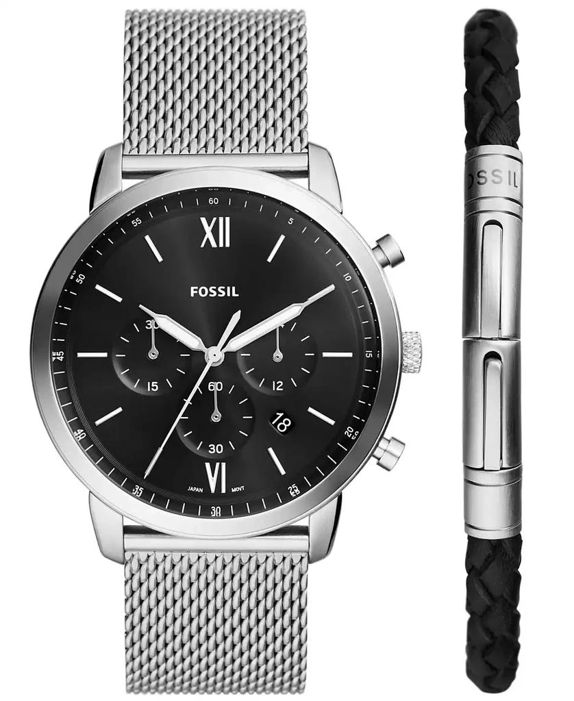Fossil Men's Neutra Chronograph Silver-Tone Stainless Steel Mesh Watch 44mm and Bracelet Box Gift Set 1
