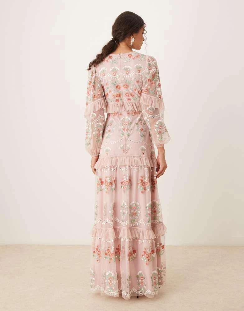 Maya Maya Embroidered long sleeve maxi dress in Pale Peach - Pale Peach - UK 22