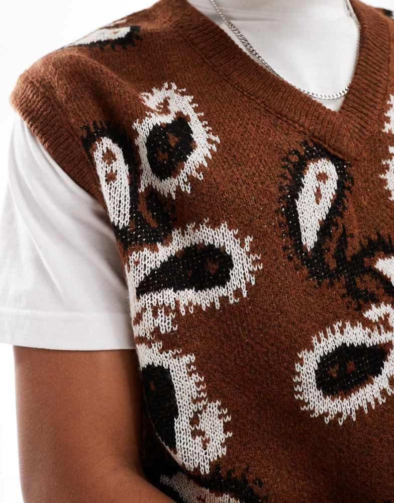 ASOS ASOS DESIGN relaxed knitted fluffy v-neck tank in brown paisley pattern 3