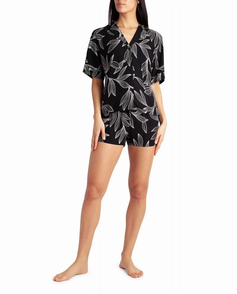 Nicole Miller Woven Shirt And Short Two-Piece Sleepwear Set In Black Leaf 1
