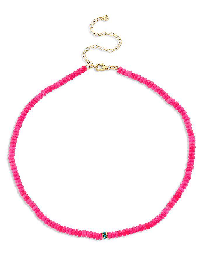 Sydney Evan 14K Yellow Gold Turquoise Bead Charm Hot Pink Ethiopian Opal Beaded Collar Necklace, 16.25"-17.5"