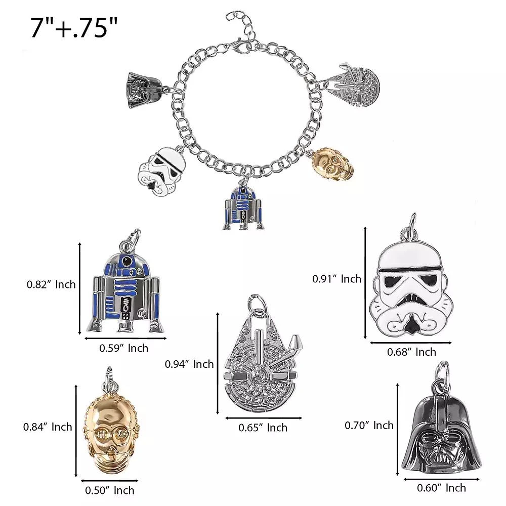 Star Wars Two-Tone Charm Bracelet - Stormtrooper, R2-D2, C-3PO Collectible Jewelry 7