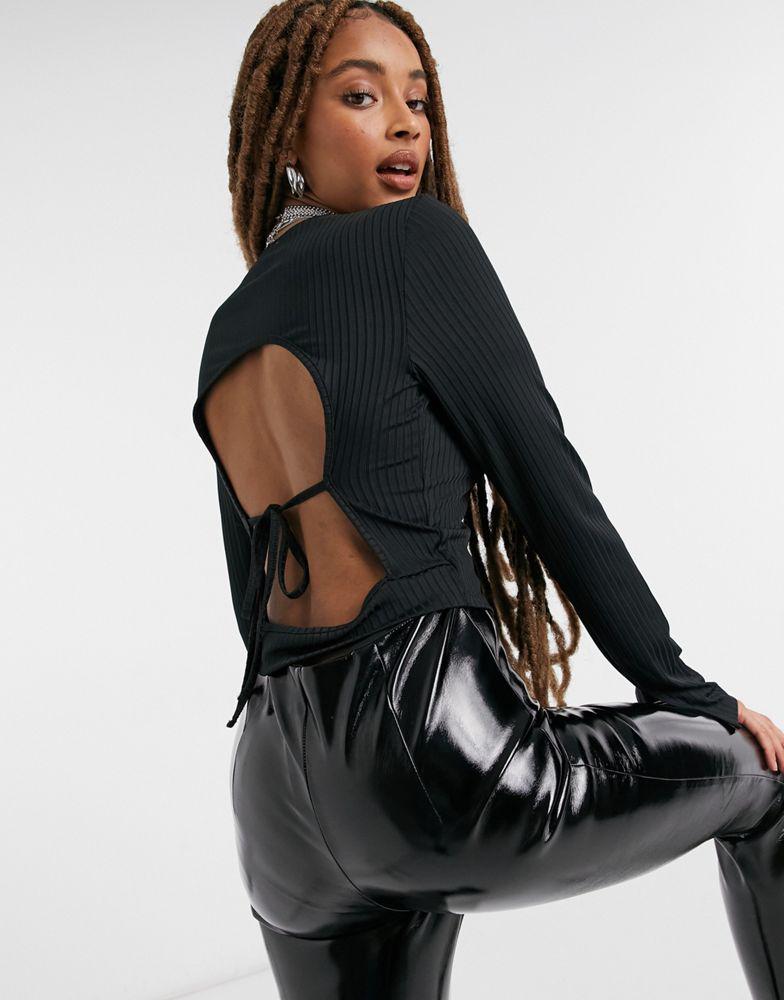 NA-KD NA-KD ribbed jersey top with open back in black