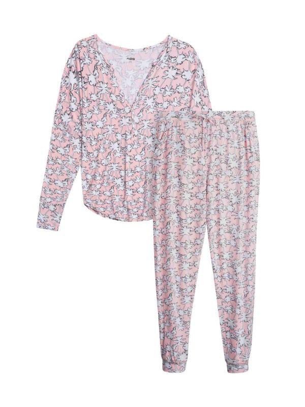 AQS 2-Piece Palm-Print Shirt & Pants Pajama Set