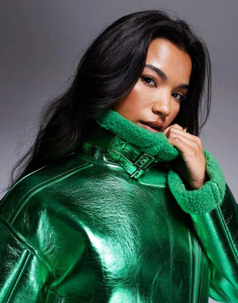 Amy Lynn Amy Lynn aviator jacket in metallic emerald green 2