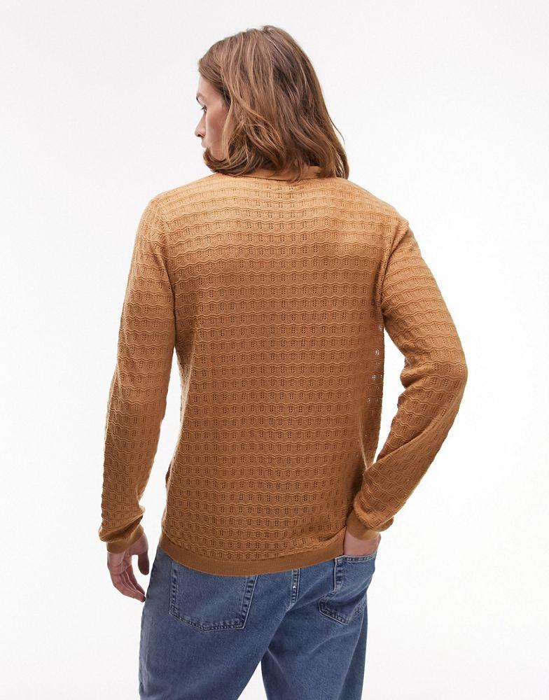 Topman Topman textured knitted long sleeve polo in brown