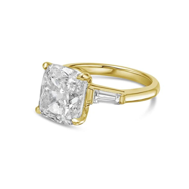 Diana M. 18kt yellow gold lab grown cushion cut and baguette engagement ring featuring 3 ct center and 0.50 cts on the sides 2