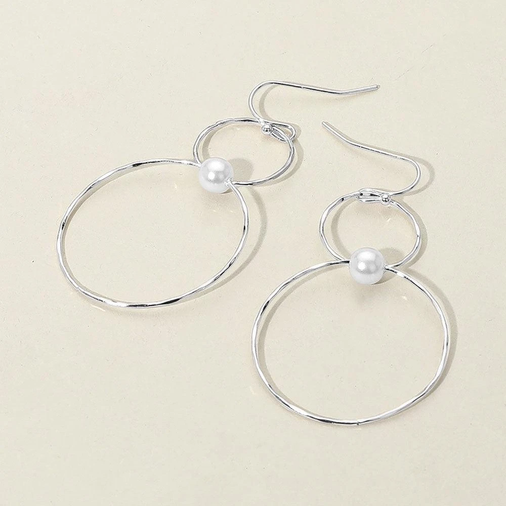 FASHNZFAB Pearl Accent Metal Wire Ring Link Dangle Earrings