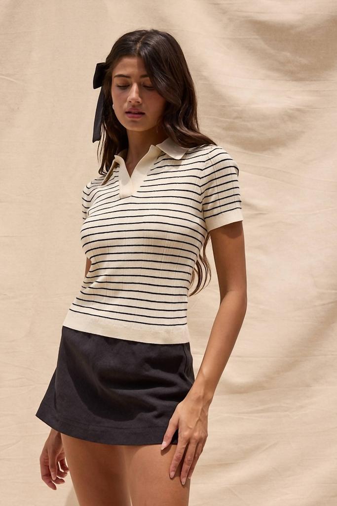 Sky to Moon Short Sleeve Striped Knit Polo Top In Ivory