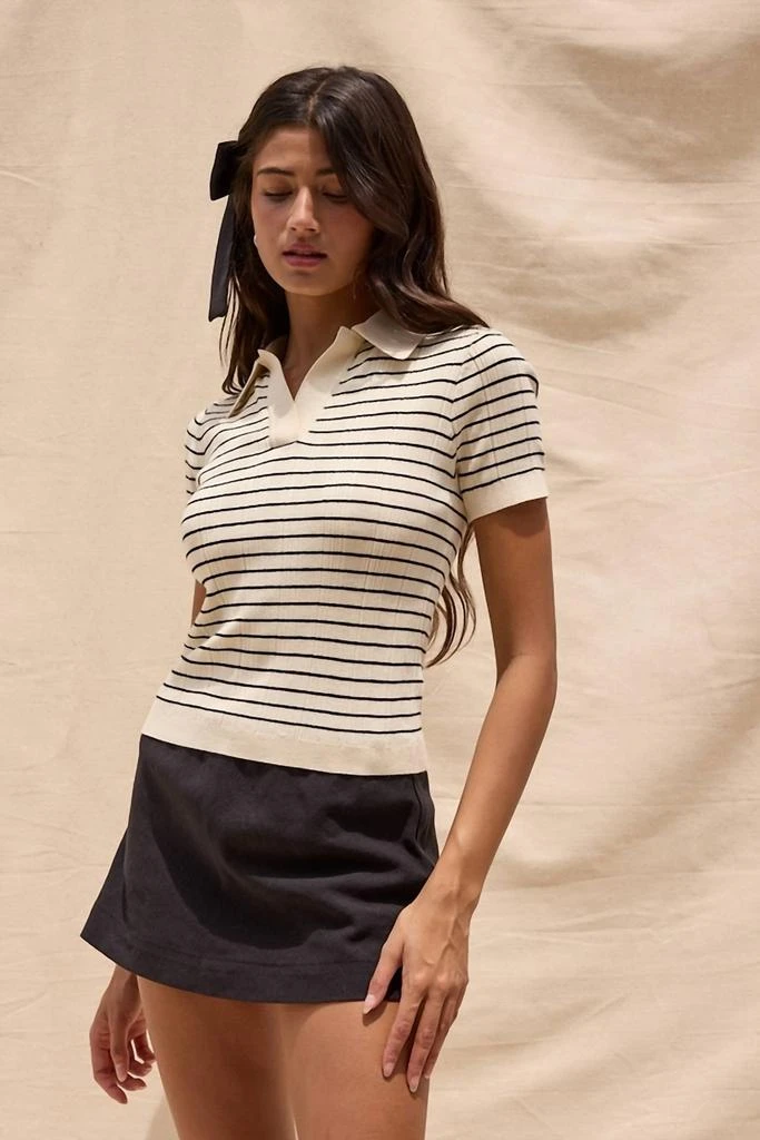Sky to Moon Short Sleeve Striped Knit Polo Top In Ivory 2
