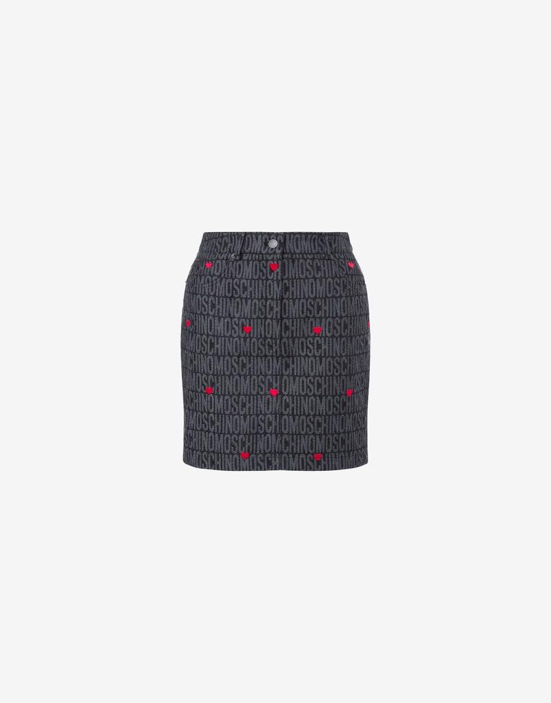 Moschino Black Denim Miniskirt With Allover Logo Hearts