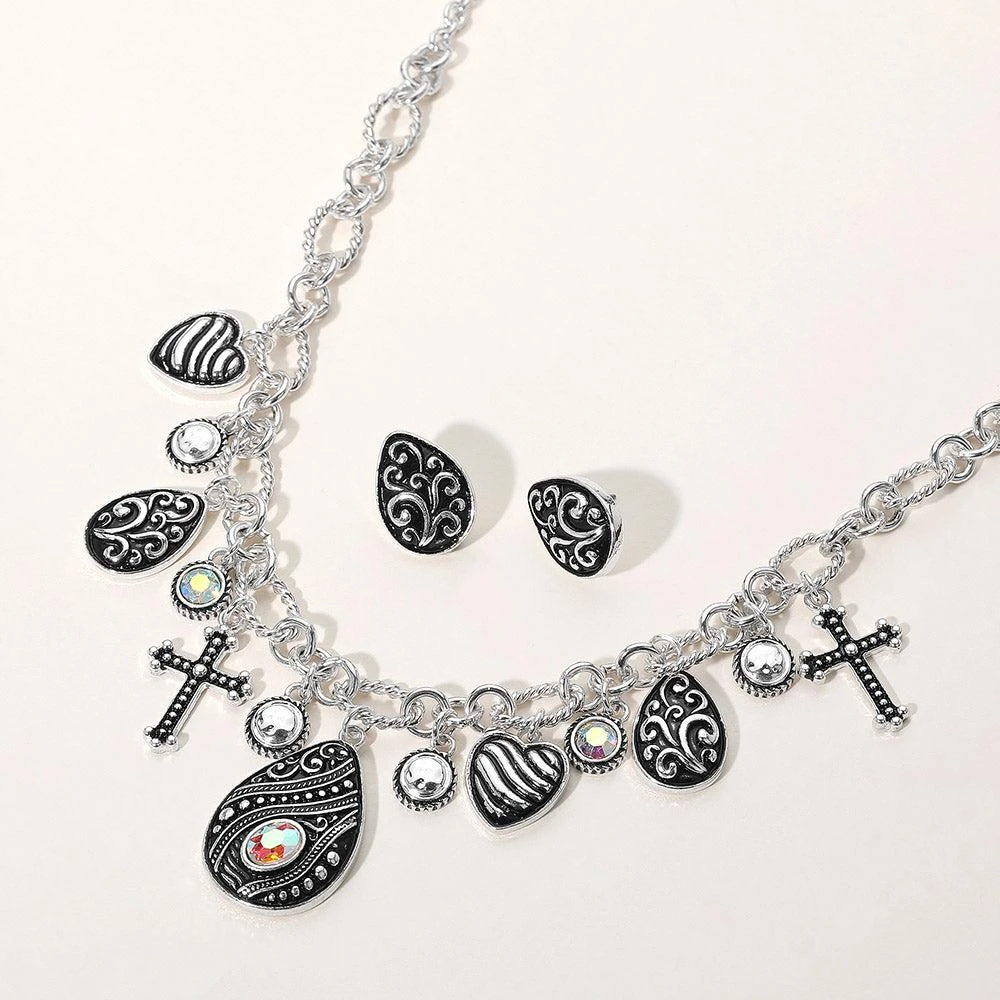 FASHNZFAB Two Tone Antique Metal Cross Teardrop Stone Cluster Charm Station Necklace