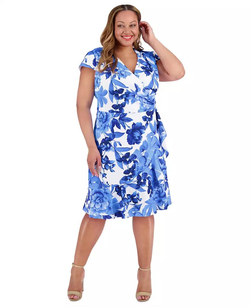 London Times Plus Size V-Neck Side-Ruffle Dress