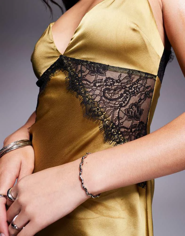 ASOS ASOS DESIGN lace detail satin bias maxi dress in olive green 4
