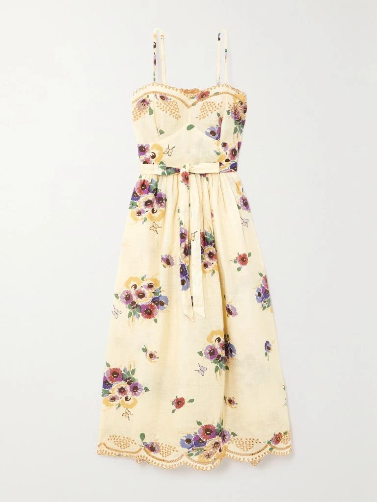 MIGUELINA Betina 配腰带印花马德拉刺绣亚麻中长连衣裙 from NET-A-PORTER