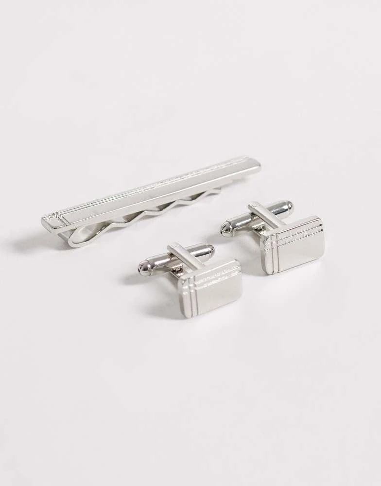 ASOS ASOS DESIGN engraved pattern tie bar and cufflink pack in silver