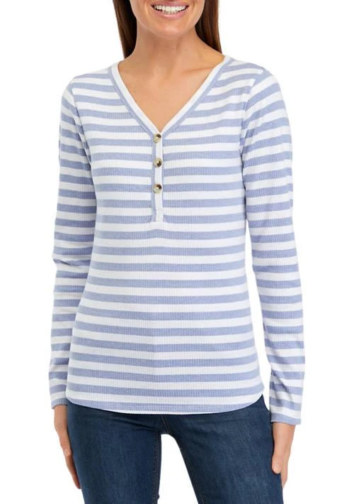 Wonderly Womens Long Sleeve Henley Striped Top 1