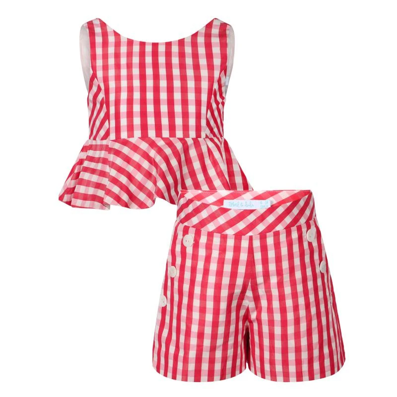 Abel & Lula Ruffled checkered top and shorts set in red and white 1