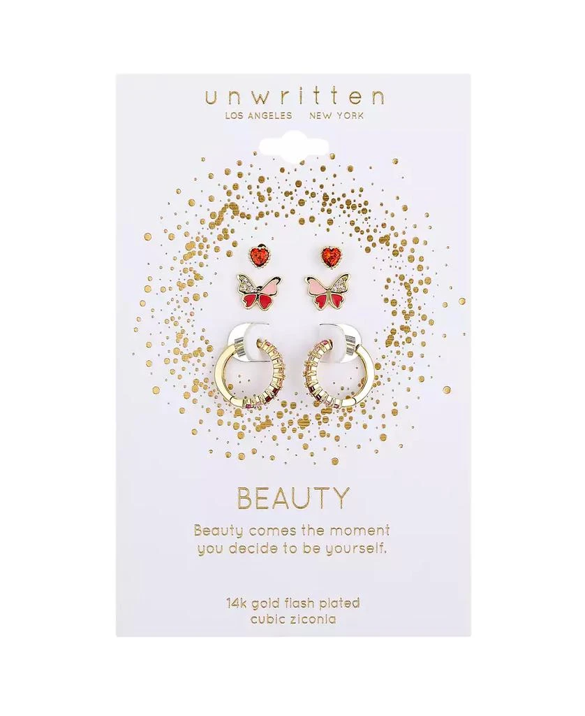 Unwritten Multi Pink Cubic Zirconia and Enamel Heart Butterfly Stud and Hoop Earring Set 2