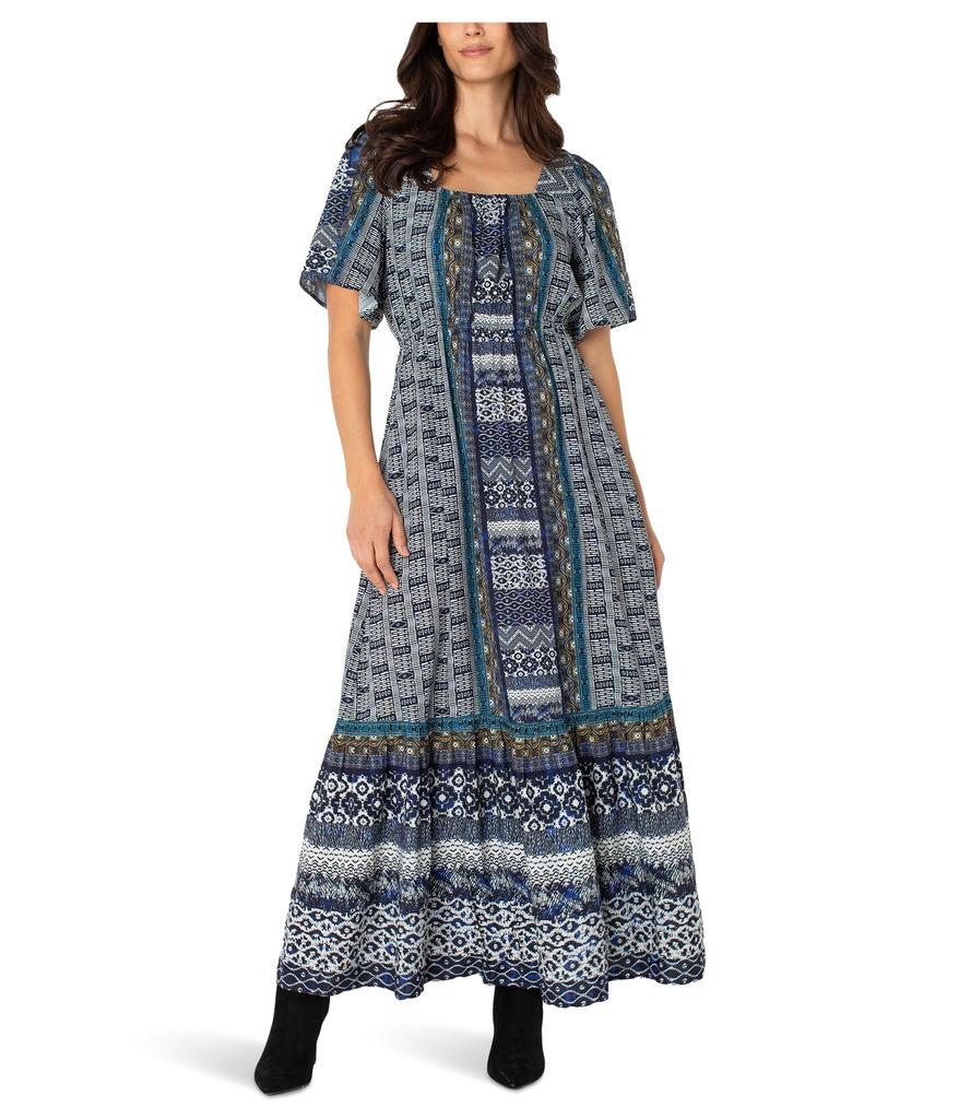 Liverpool Los Angeles Elbow Sleeve Square Neck Woven Maxi Dress With Pockets