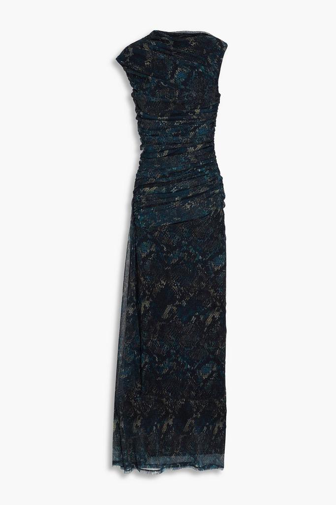 NICHOLAS Ruched snake-print tulle maxi dress