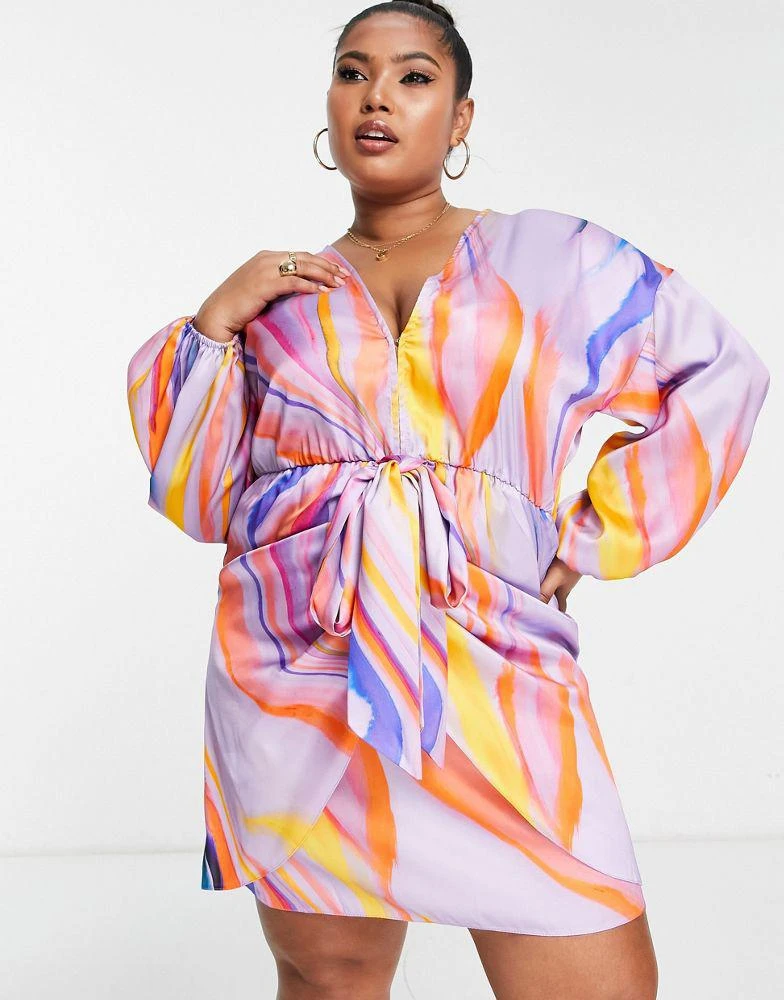 ASOS ASOS DESIGN Curve plunge tie front mini dress in purple marble print 3