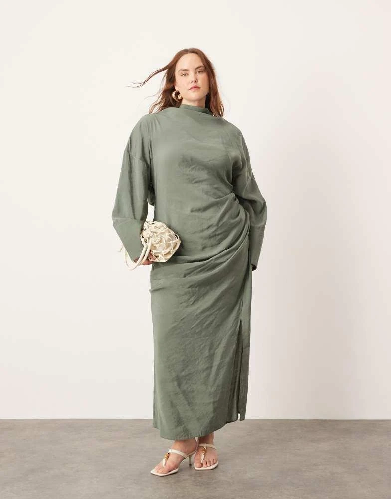 ASOS ASOS EDITION Curve soft high neck ruched detail maxi dress with cut out back in khaki 1