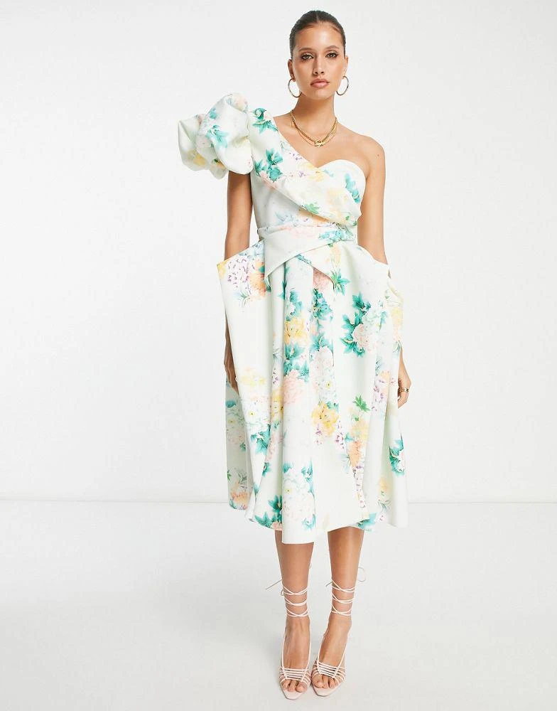 ASOS ASOS DESIGN one shoulder origami midi prom dress in blue floral print 4