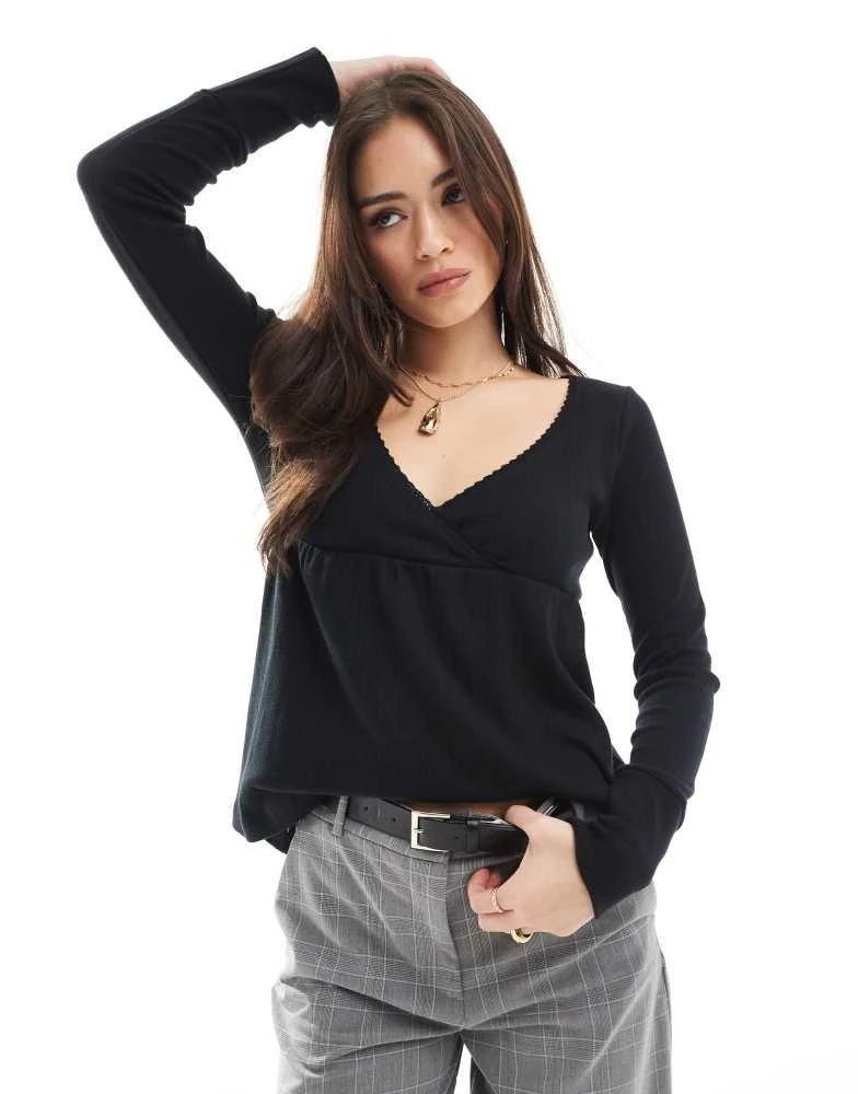 HOLLISTER Hollister long sleeve babydoll pointelle top in black 1