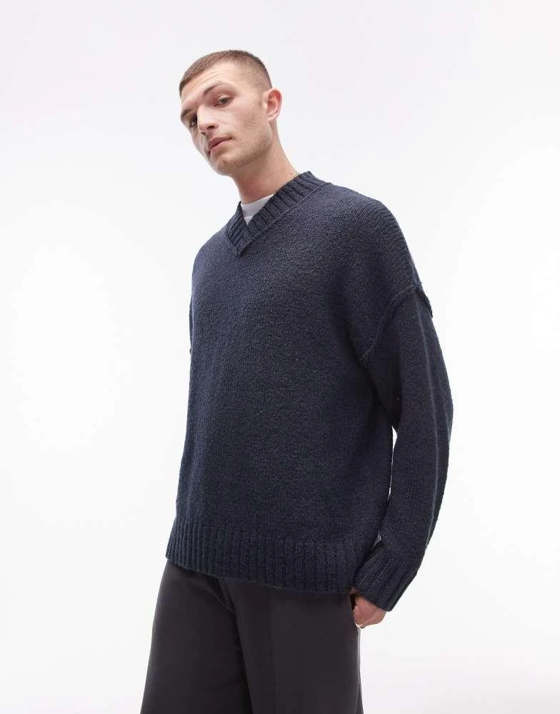 Topman Topman oversized v neck jumper in blue with exposed seam 2