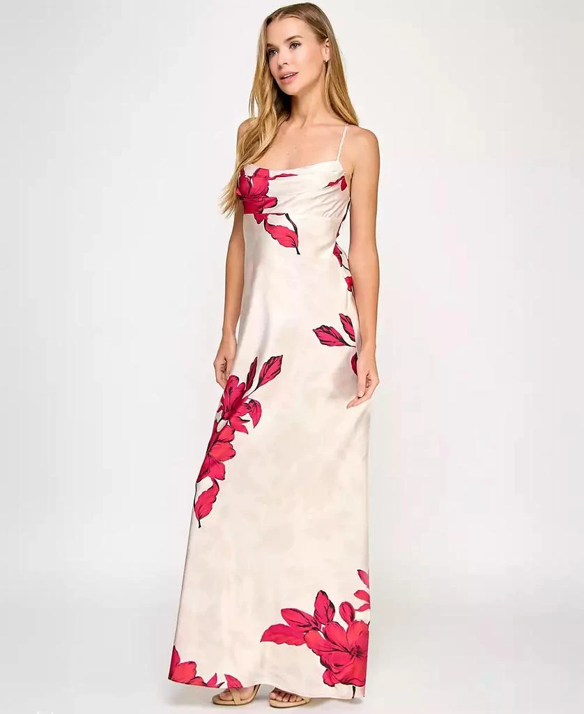 SENI & CADE Juniors' Floral-Print Satin Spaghetti-Strap Gown 1