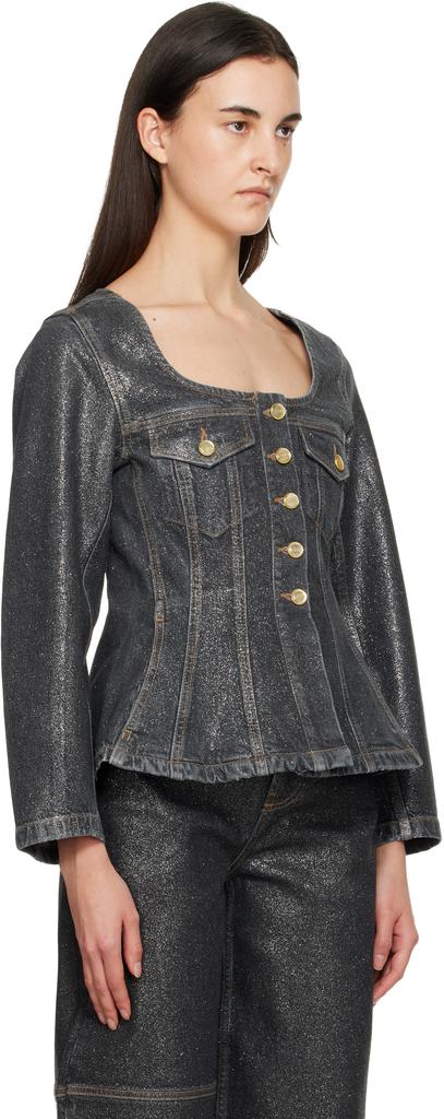 Ganni Black Shimmery Foil Denim Blazer