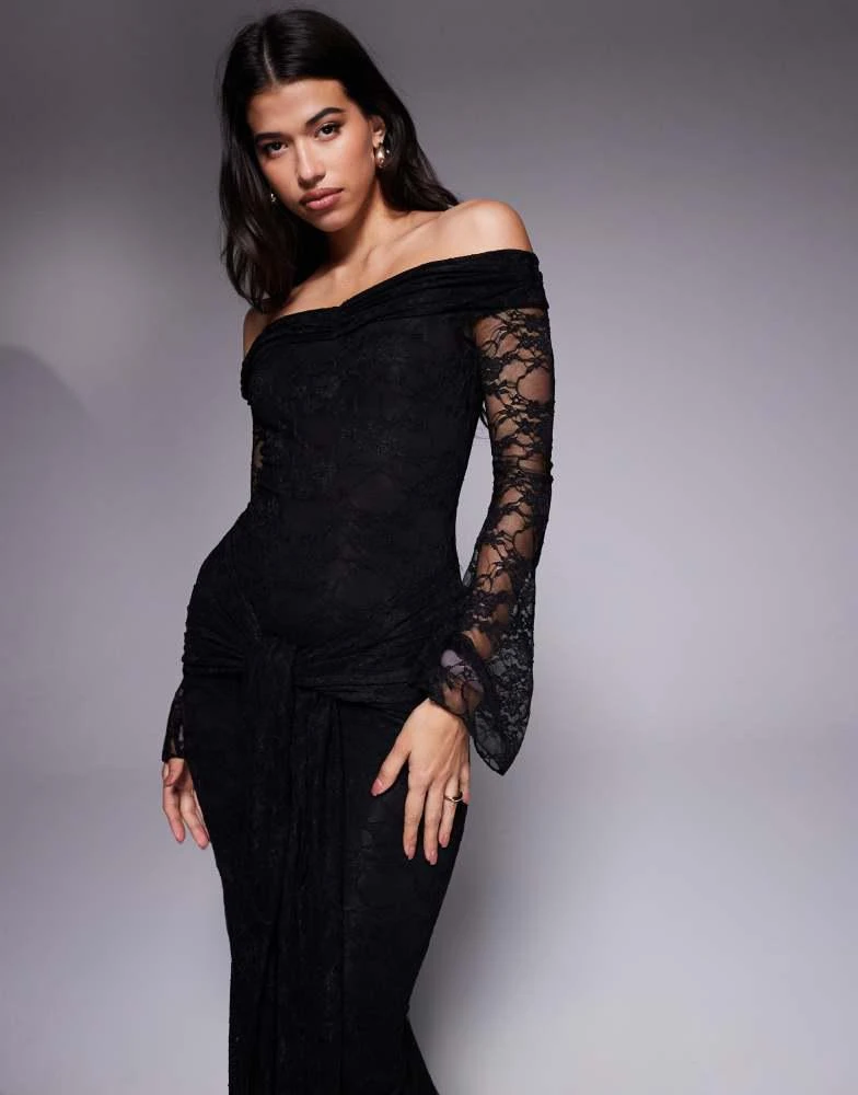 Kaiia Kaiia exclusive double layered slinky lace bardot flare sleeve tie  waist drape detail maxi dress in black - Dresses & Skirts - Free Shipping -  BeyondStyle