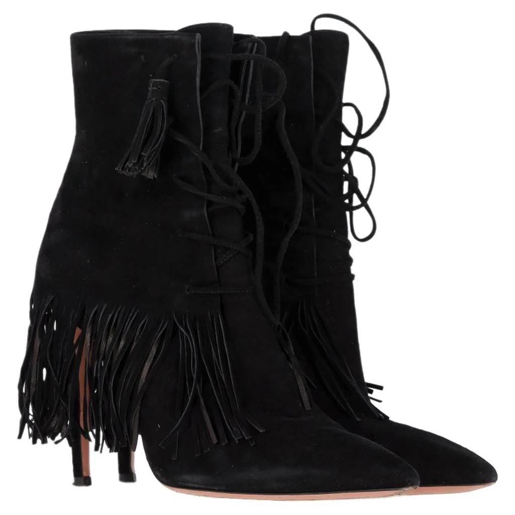 Aquazzura Mustang 105 Fringe Heeled Ankle Boots in Black Suede 2