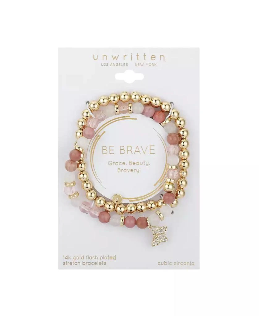 Unwritten 14K Gold Flash-Plated Pink Stone And Gold Bead Butterfly Bracelet Duo 2