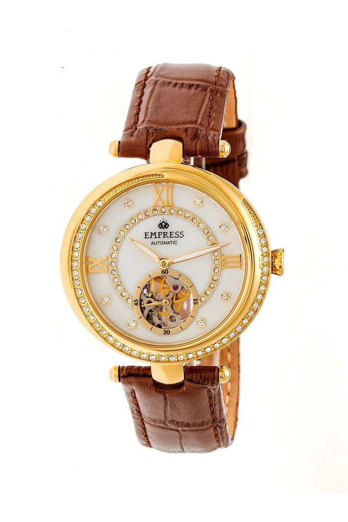 Empress Stella Automatic Semi-Skeleton MOP Leather-Band Watch 7