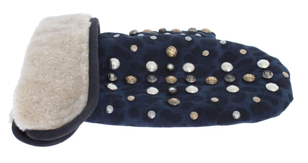 Dolce & Gabbana Dolce & Gabbana  Gray Wool Shearling Studded Blue Leopard Gloves 7