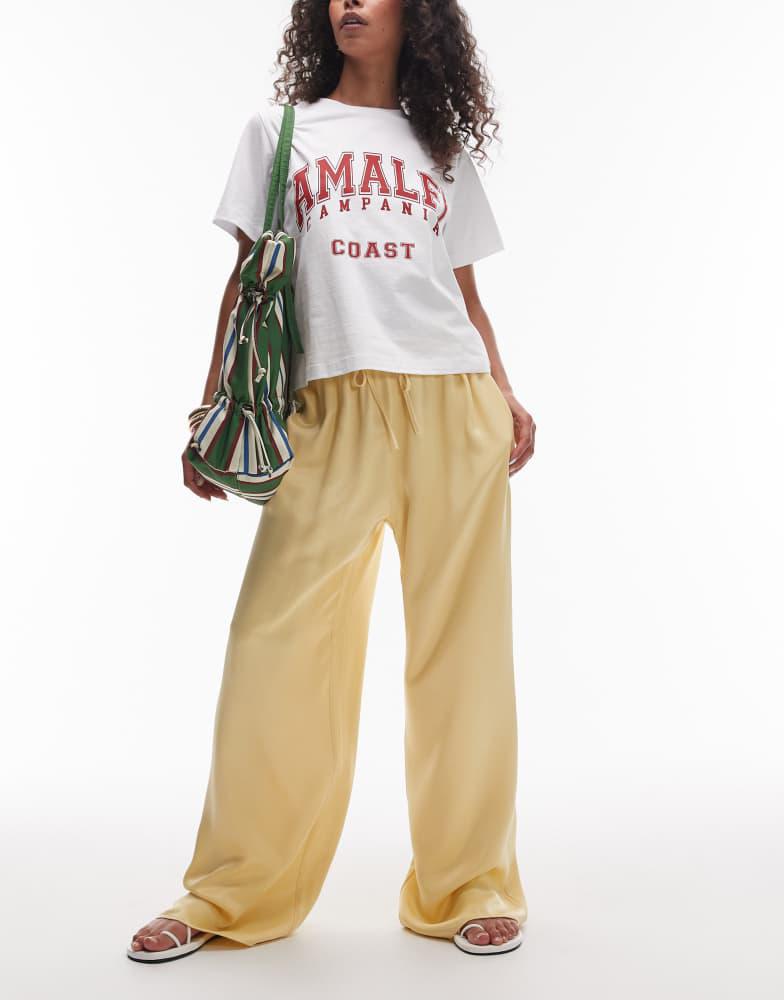 Topshop Topshop satin tie waist wide leg trouser in yellow