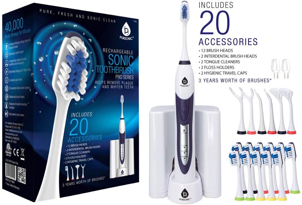 PURSONIC Ultra High Powered Sonic Electric Toothbrush with Dock Charger, 12 Brush Heads & More! (Value Pack)WHITE