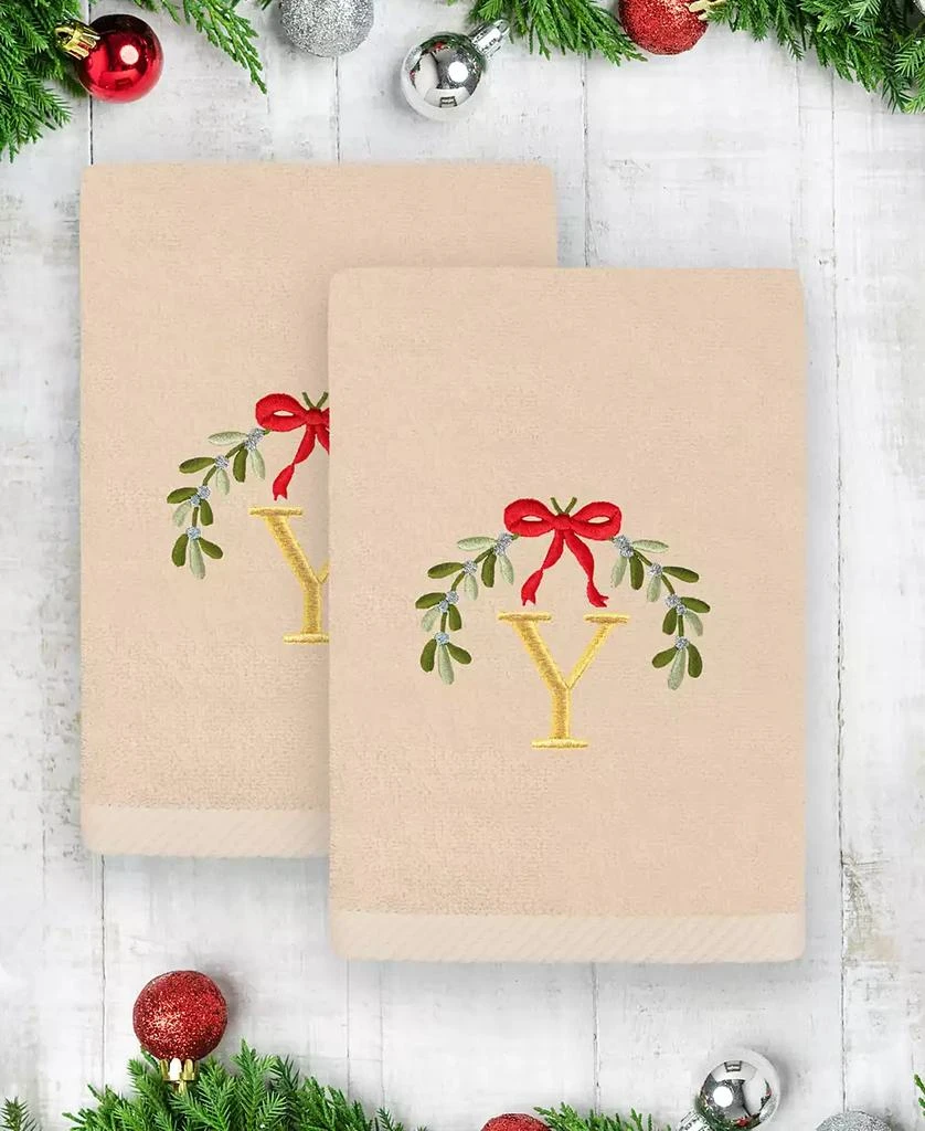Linum Home Textiles Christmas Mistletoe Monogram White Embroidered Luxury Turkish Cotton Hand Towels, 2 Piece Set 2