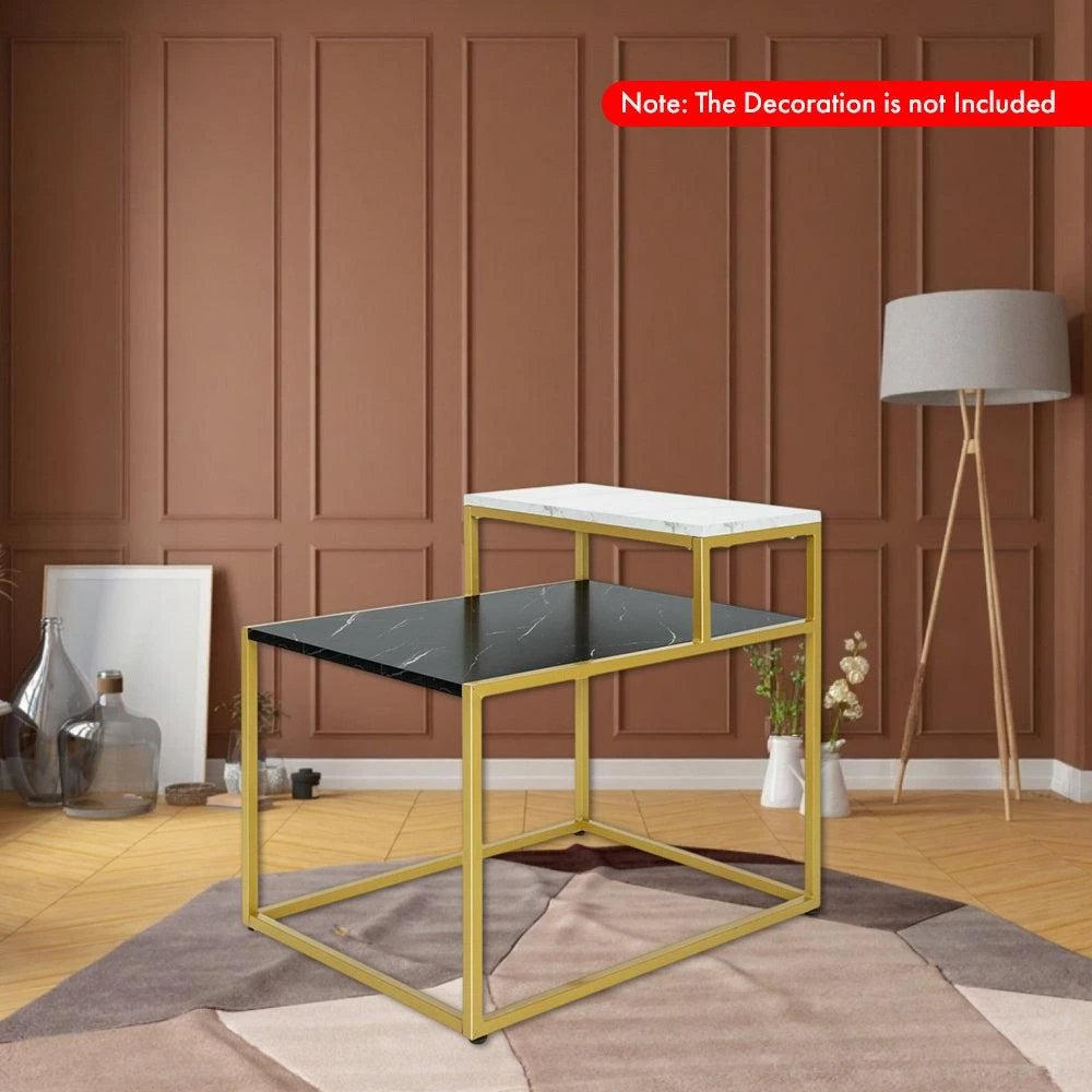 Hivvago Elegant Dual-Shelf End Table with Metal Structure and Marble-Look Top 2