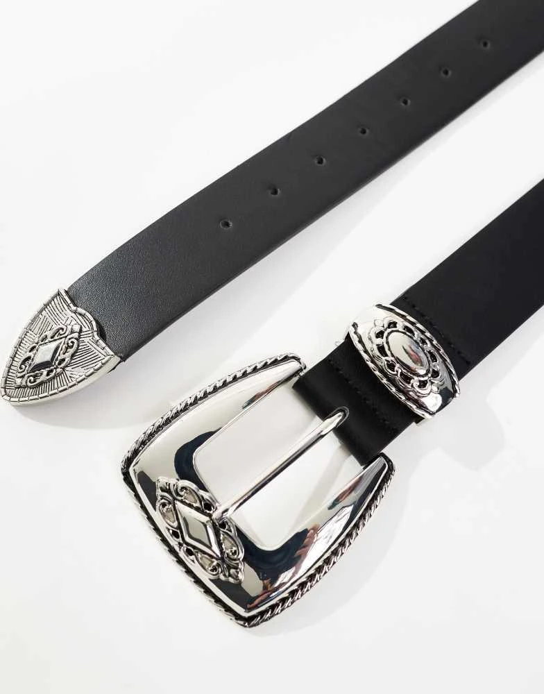 ASOS ASOS DESIGN faux leather belt with western buckle and metal details in black 2
