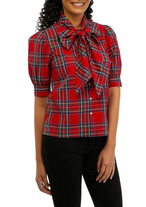 Vineyard Vines Vines Womens Holiday Plaid Bow Button Front Blouse 1