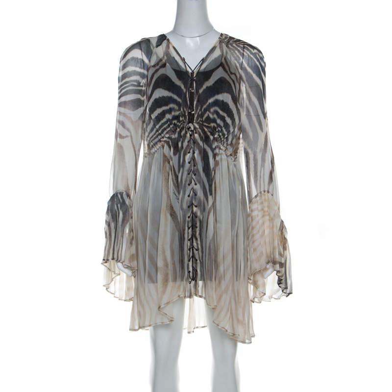 Just Cavalli Just Cavalli Cream and Grey Tiger Printed Silk Tie Front Sheer Dress L