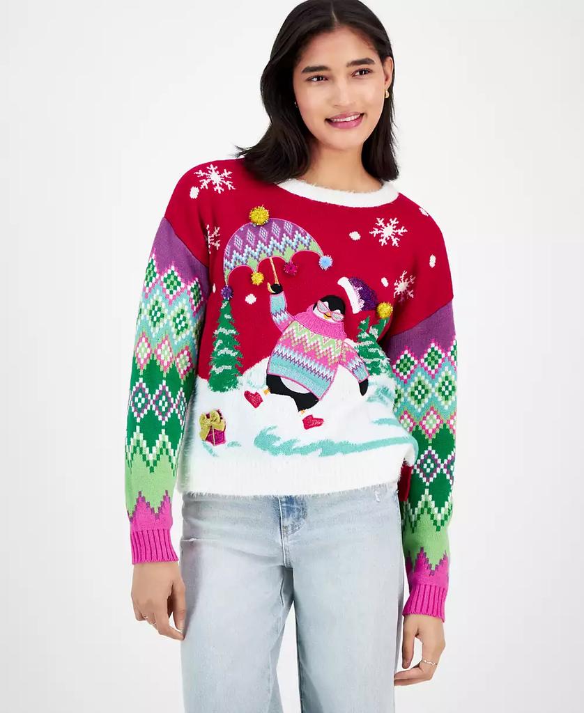 Hooked Up by IOT Juniors' Dancing Penguin Christmas Sweater