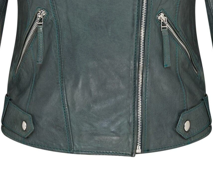 Infinity Leather Womens Green Biker Leather Jacket - Denver 5