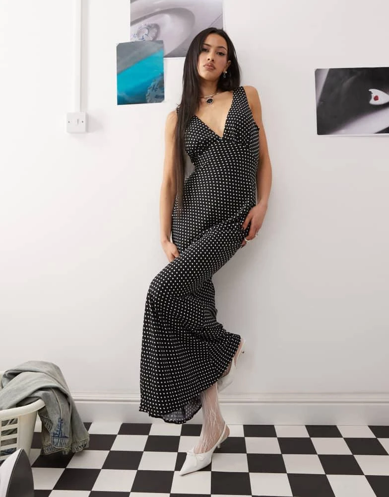 Princess Polly Princess Polly plunge v neck sleeveless tie back maxi dress in black polka dot 1